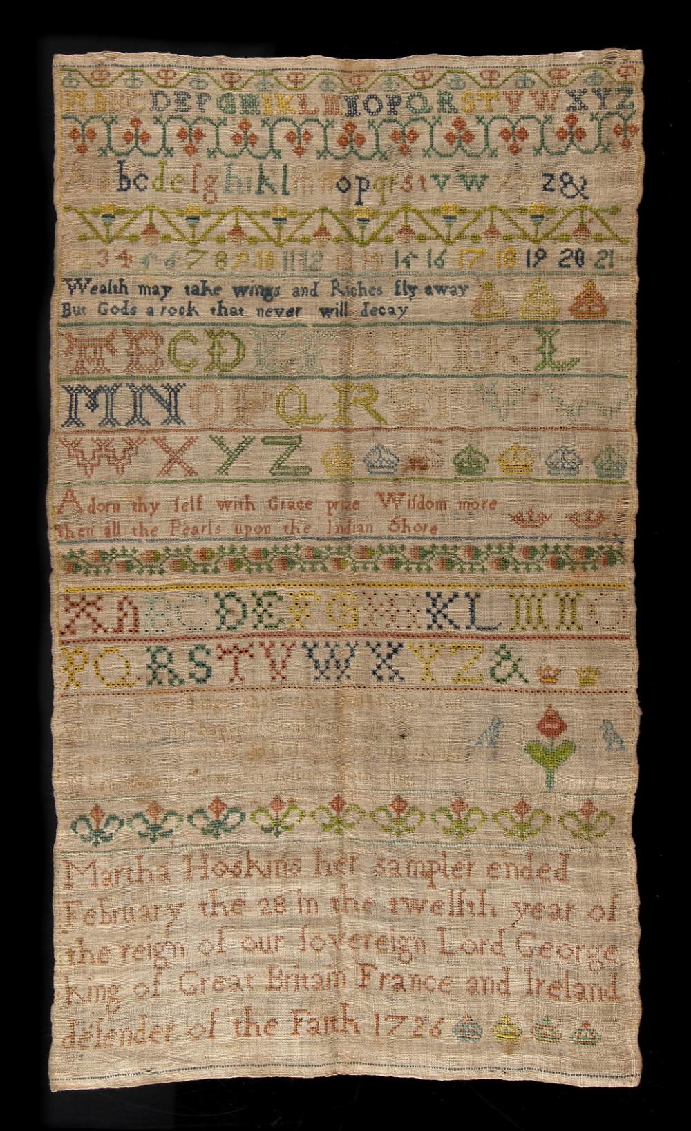 Property of a lady - a good early 18th century sampler by Martha Hoskins, dated 1726, 16 by 9.25ins.