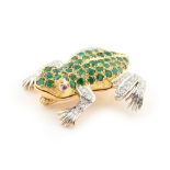 An attractive 18ct yellow gold & platinum emerald & diamond frog brooch, the fifty-seven round cut