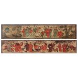 Property of a gentleman - two Chinese painted wood long panels, each depicting scholars & other