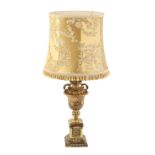 Property of a deceased estate - a large ornate brass table lamp, with shade, 41ins. (104cms.)
