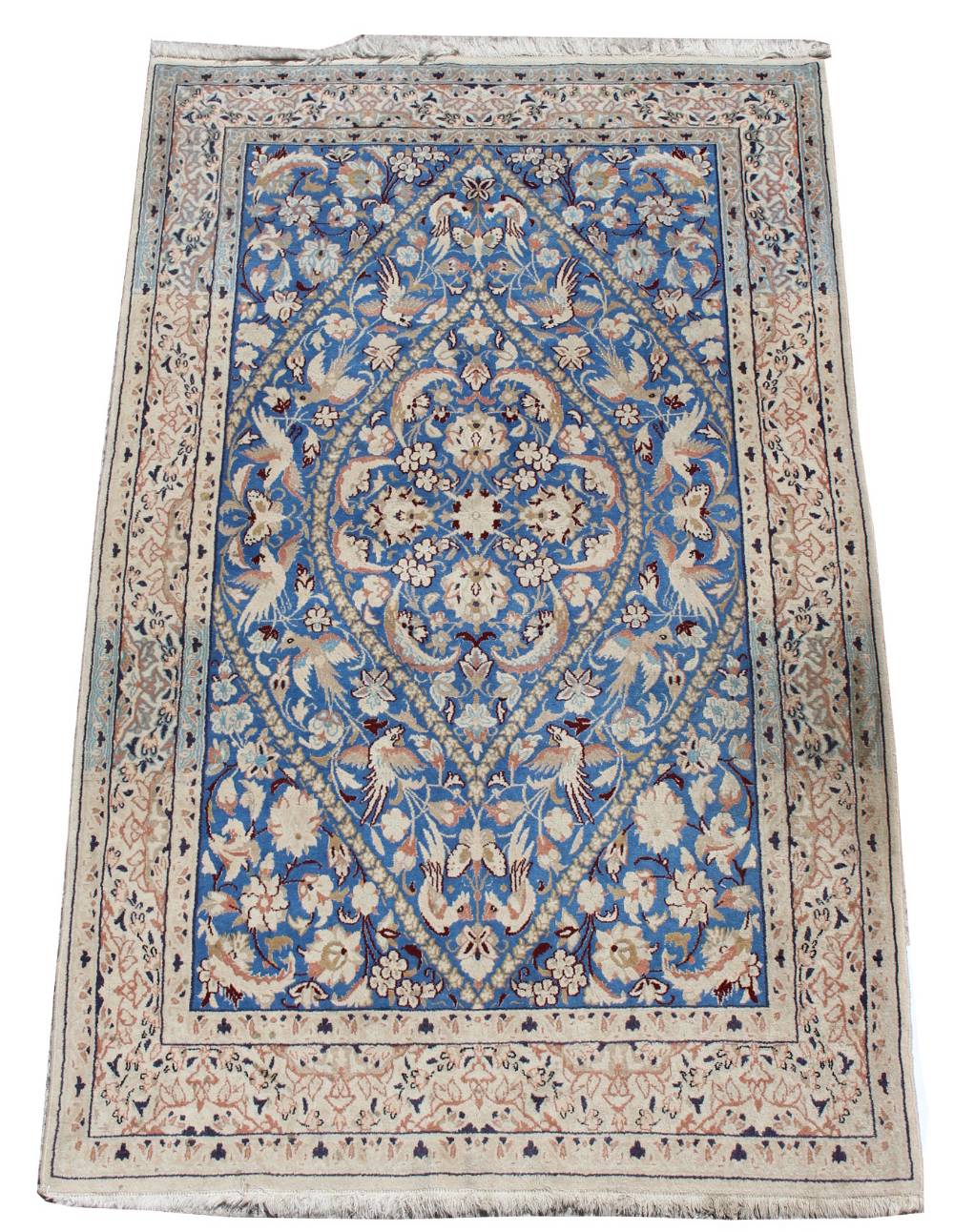 Property of a gentleman - a Persian Qum rug with pale blue & ivory ground, 79 by 49ins. (210 by