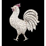 A large diamond & ruby brooch modelled as a cockerel or chicken, the estimated total diamond
