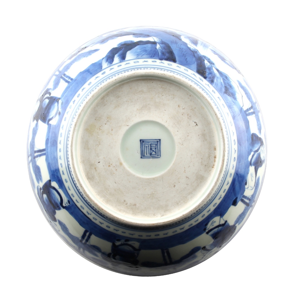 Property of a lady - a Chinese blue & white celadon ground bowl, late 19th century, painted with - Image 2 of 3