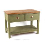 Property of a gentleman - a pine & olive green painted dresser base, with two frieze drawers & pot