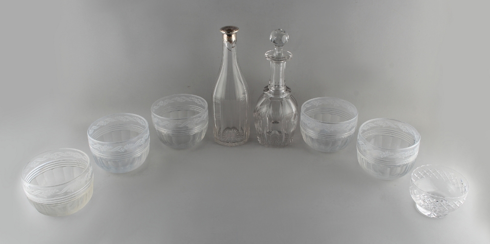 Property of a lady - a set of five late 19th / early 20th century cut glass finger bowls with etched