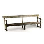 Property of a deceased estate - a long well-weathered teak garden bench, with turned front legs &