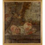 Property of a lady - a 19th century silkwork picture depicting a bird & three peaches on a tray,