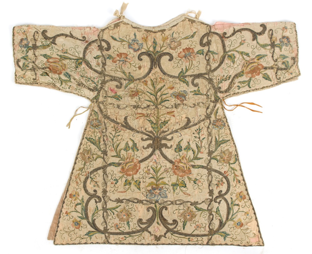 An embroidered silk jacket or tunic, probably English, 17th century, with gold & silver threads, - Image 2 of 2