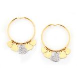 Dior - a pair of 18ct yellow gold hoop earrings by Dior, each with five suspended hearts, one
