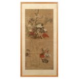 A 19th century Chinese painting on silk depicting flowers in a cylindrical vase, with two red seals,