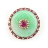 A good yellow gold jadeite diamond & ruby circular brooch, the central certificated unheated Burmese