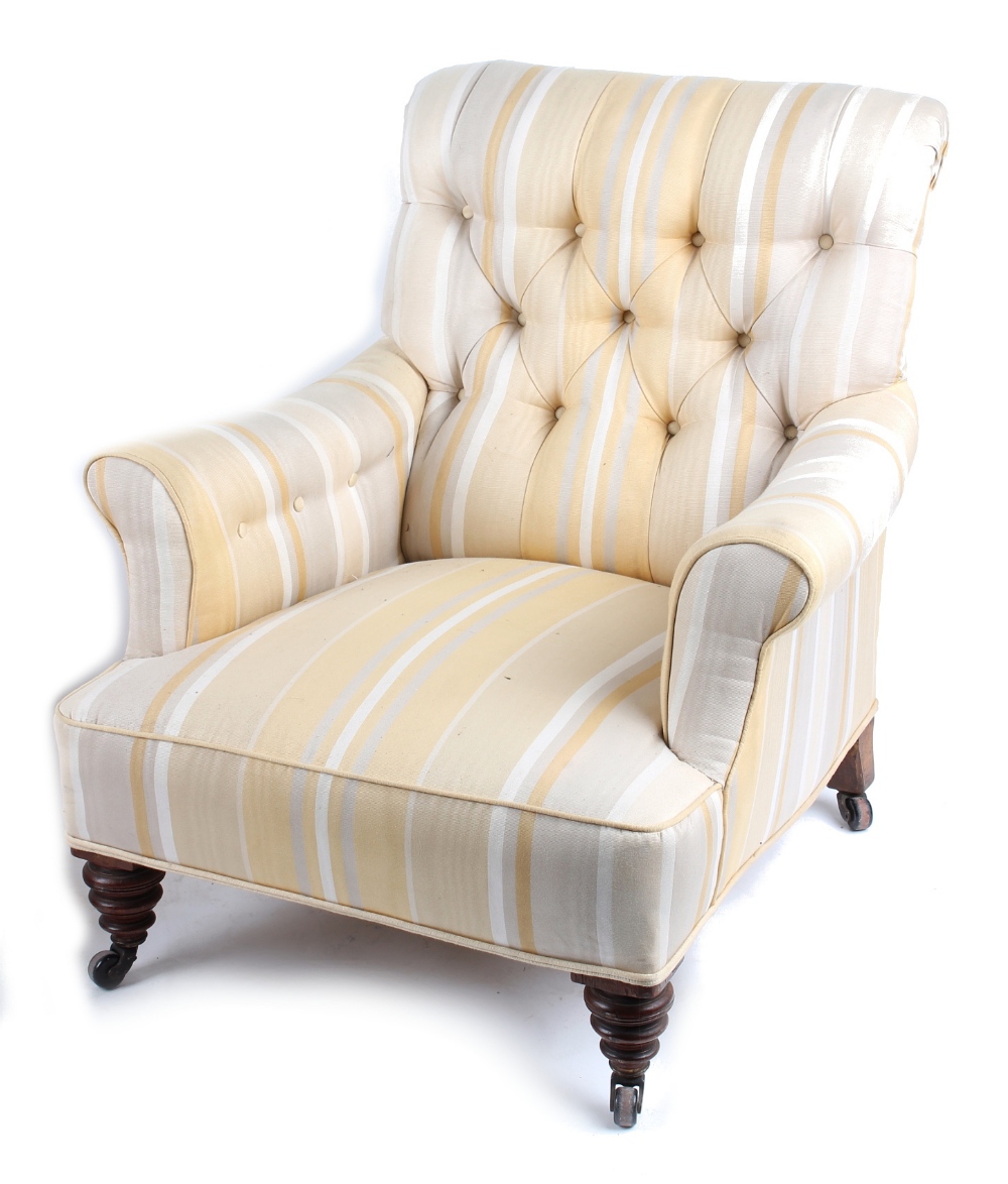 Property of a gentleman - a Victorian walnut & upholstered armchair, the upholstery matching the