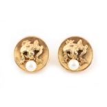 Property of a lady - a pair of Chinese 14ct yellow gold & pearl circular panel earrings, with clip