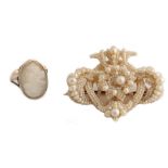 Property of a lady - a Victorian seed pearl brooch; together with a Victorian oval shell cameo