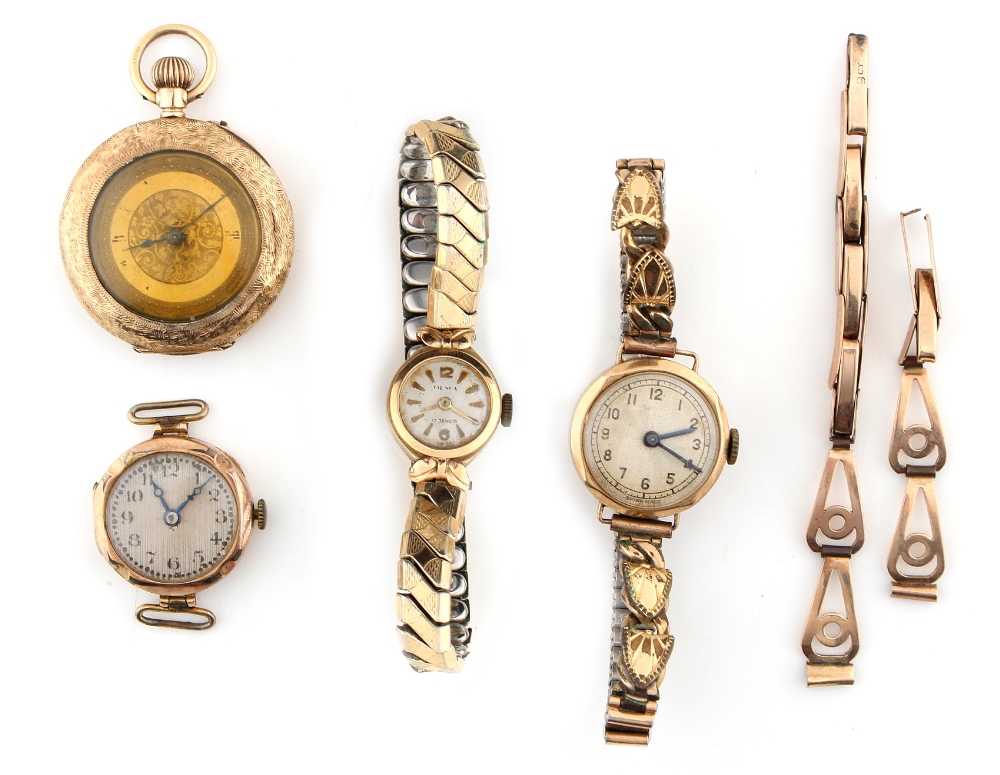 Property of a deceased estate - a 9ct gold fob watch; together with a 9ct gold watch strap; and