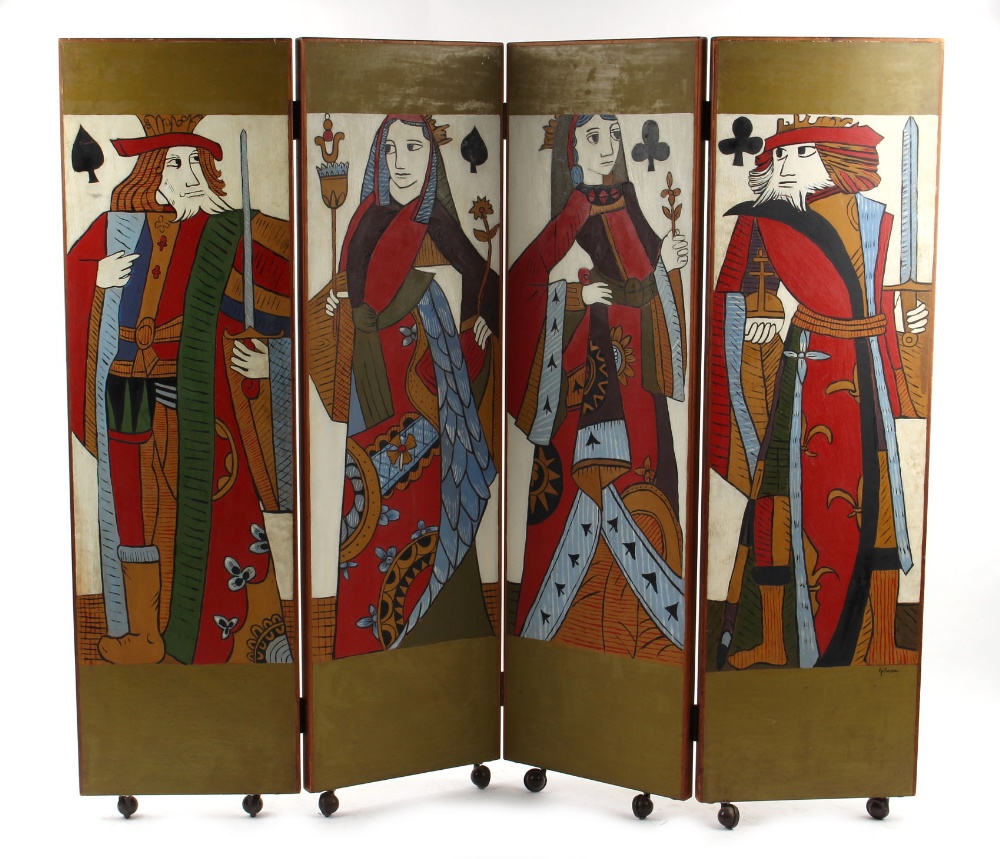 Property of a deceased estate - a four panel screen painted in oils to either side with the king &