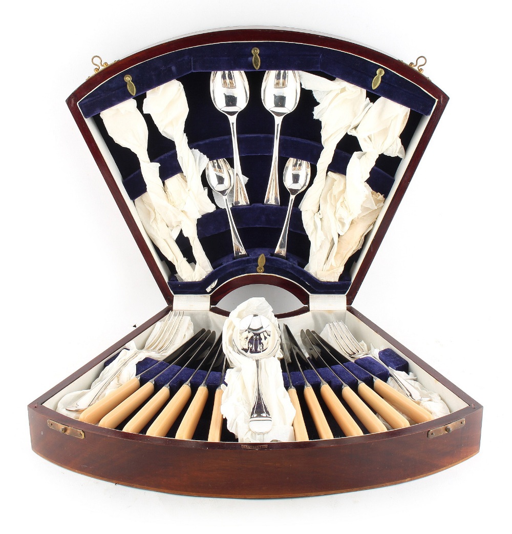 Property of a gentleman - an early 20th century silver plated cutlery set, in inlaid canteen.