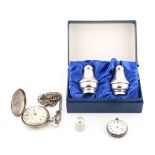 Property of a lady - a boxed pair of silver salt & pepper pots; together with a silver pocket