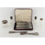 Property of a deceased estate - a cased set of six silver handled tea knives; together with a pair