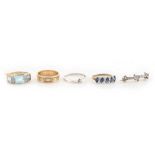 Property of a lady - four assorted 9ct gold diamond rings; together with a diamond bar brooch (5).