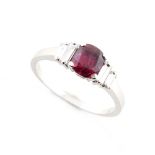 An Art Deco style certificated Thai ruby & diamond ring, the cushion cut ruby weighing approximately