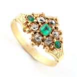 An unmarked yellow gold emerald & diamond ring, probably Georgian, the shank with engraved