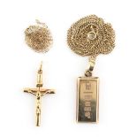 Property of a deceased estate - a 9ct gold ingot pendant on 9ct gold chain necklace; together with a