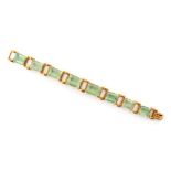 Property of a deceased estate - a 1970's hallmarked 18ct yellow gold green paste link bracelet, by