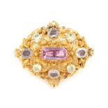 A Georgian cannetille topaz brooch, the centre rectangular cut pink topaz weighing approximately 3.