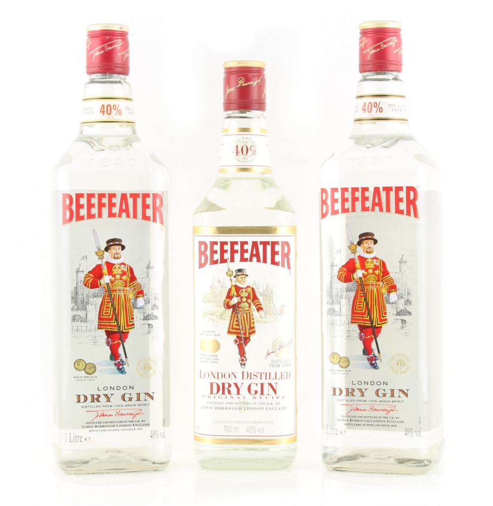 Property of a deceased estate - gin - Beefeater Gin, 3 bottles, one bottle 1 litre, the other two