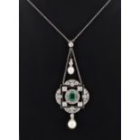 An early 20th century Belle Epoque certificated Colombian emerald natural saltwater pearl &