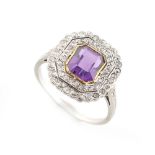 An Art Deco style amethyst & diamond ring, the octagonal cut amethyst weighing approximately 1.40