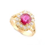 A fine high carat yellow gold certificated unheated Burmese ruby & diamond cluster ring, the cushion