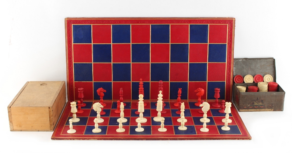 Property of a lady - a late 19th / early 20th century red stained & natural bone chess set,