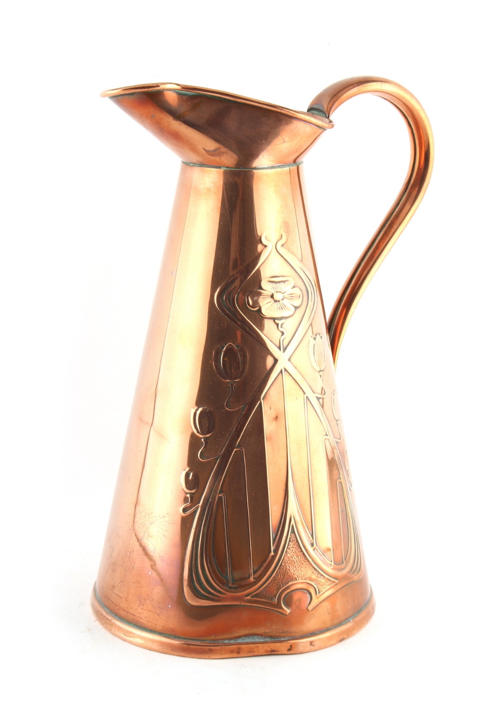 Property of a deceased estate - an Art Nouveau copper jug, by Joseph Sankey & Son, with embossed