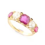 A good 18ct yellow gold certificated unheated Burmese ruby & diamond five stone ring, the three