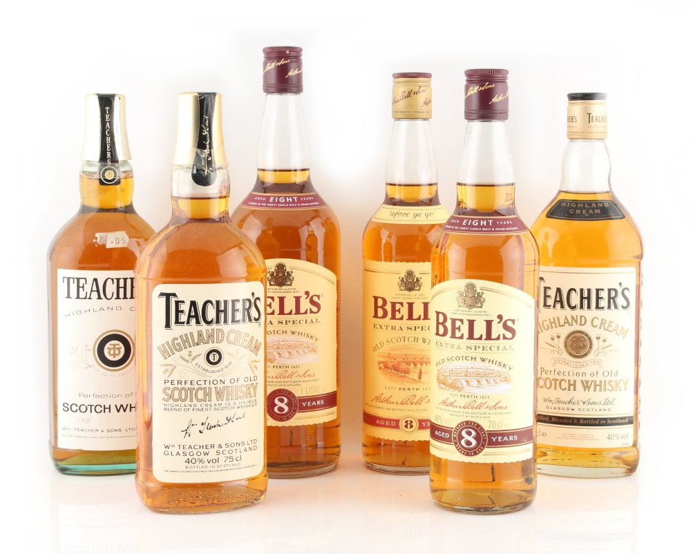 Property of a deceased estate - Scotch Whisky - Bells and Teachers, 6 bottles (6).