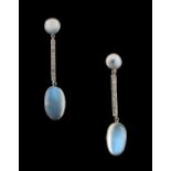 A pair of moonstone & diamond pendant drop earrings, with post & butterfly fastenings, each 40mm