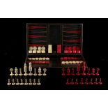 Property of a gentleman - a red & black leather covered folding chess & backgammon box board,