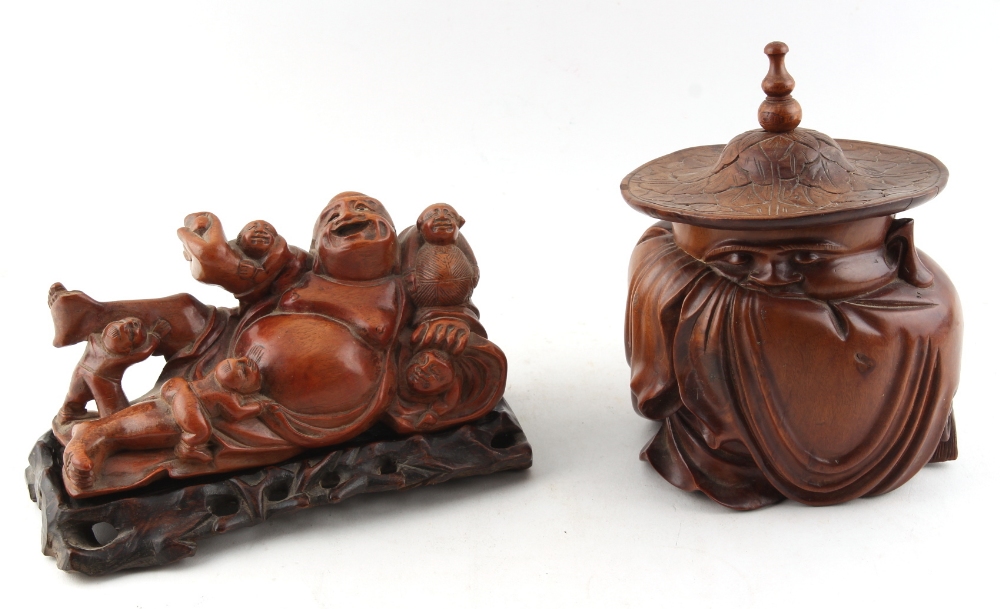 Property of a deceased estate - a Chinese carved rootwood figure of a reclining Budai, 7.5ins. (