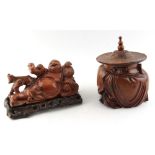 Property of a deceased estate - a Chinese carved rootwood figure of a reclining Budai, 7.5ins. (