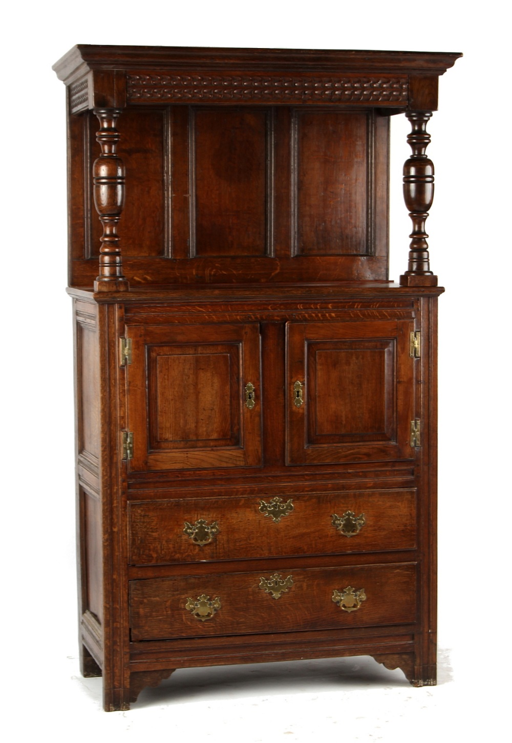 Property of a gentleman - an oak two-part court cupboard, parts 18th century, 46ins. (117cms.)