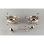 Property of a lady - a pair of George II silver sauceboats with hoof feet, unidentified maker A over