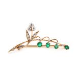 An attractive early 20th century 15ct yellow gold emerald & diamond floral brooch, the four round