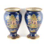 Property of a lady - a pair of Carlton Ware Mikado pattern blue chinoiserie decorated vases, each