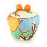 Property of a lady - a Clarice Cliff Bizarre Fantasque jam pot & cover, 3.25ins. (8.2cms.) high.