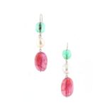 A pair of certificated ruby & emerald bead pendant earrings, each with a polished Colombian
