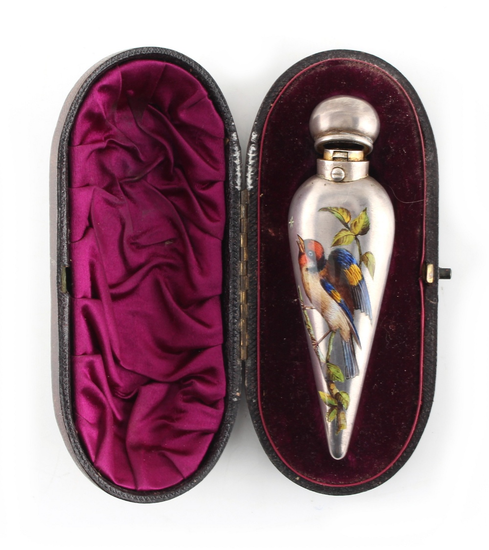 Property of a deceased estate - a Victorian silver & enamel scent flask, decorated in polychrome