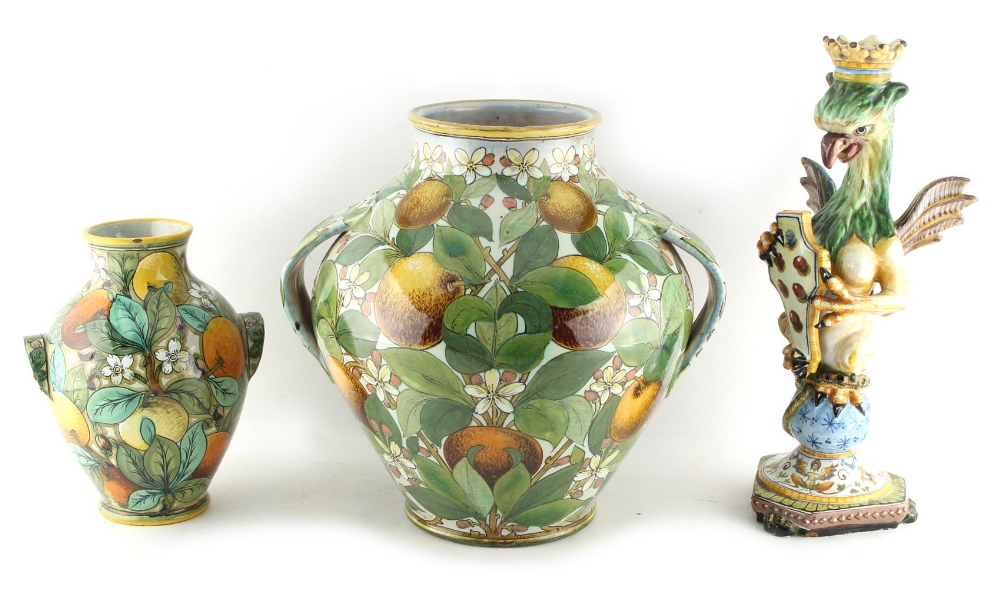 Property of a lady - two Italian Cantagalli fruit decorated vases, the larger 11.2ins. (28.3cms.)