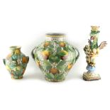 Property of a lady - two Italian Cantagalli fruit decorated vases, the larger 11.2ins. (28.3cms.)